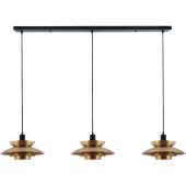 Freelight Muschio H3803BG zwarte langwerpige hanglamp met drie goudkleurige gelaagde kappen