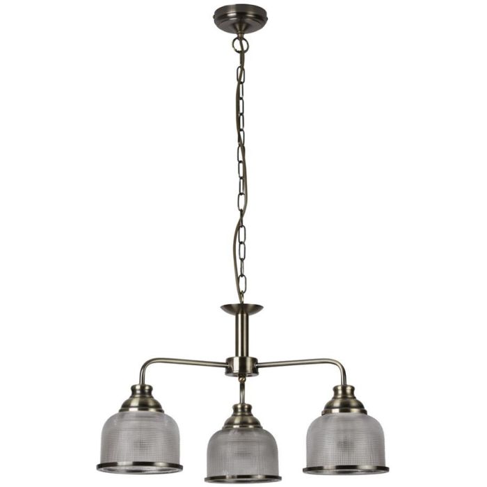 Searchlight Bistro 1683-3AB antiek bronzen kroonluchter met holofaan glas