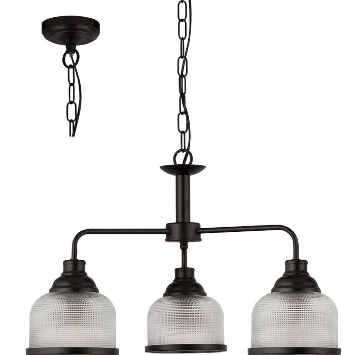 Searchlight Highworth 1683-3BK zwarte kroonluchter met holofaan glas