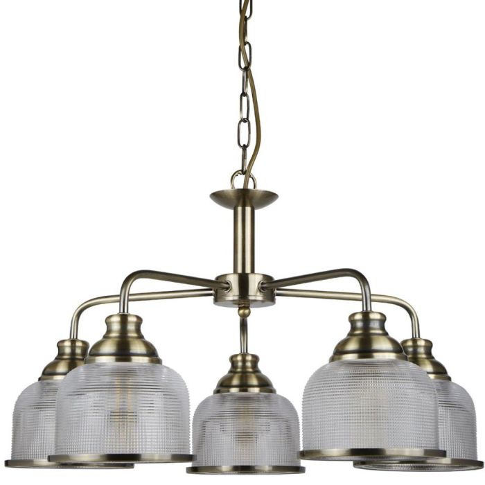 Searchlight Bistro 1685-5AB antiek bronzen kroonluchter met holofaan glas