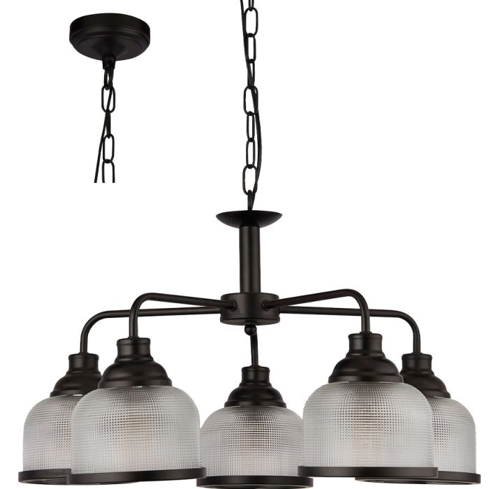 Searchlight Highworth 1685-5BK zwarte kroonluchter met holofaan glas