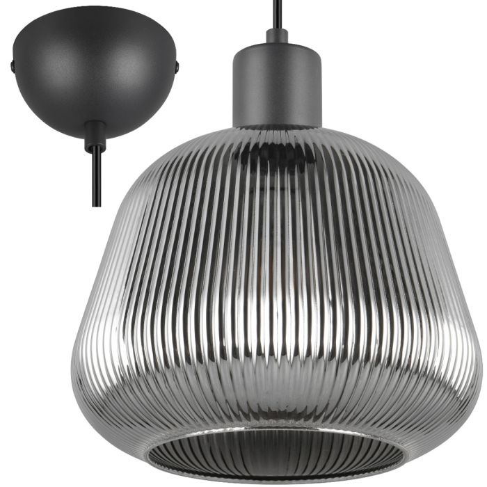 Trio Tarifa 362800132 zwarte hanglamp met ribbelglas