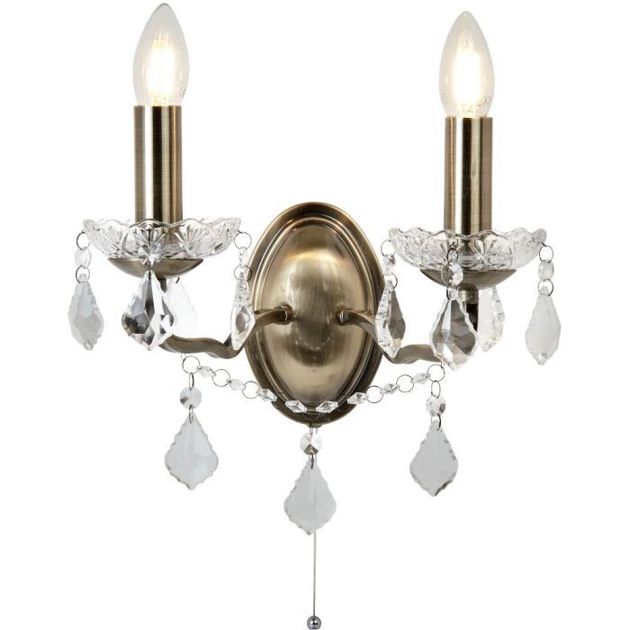 Searchlight Paris 8732-2AB antiek bronzen wandlamp met kristal