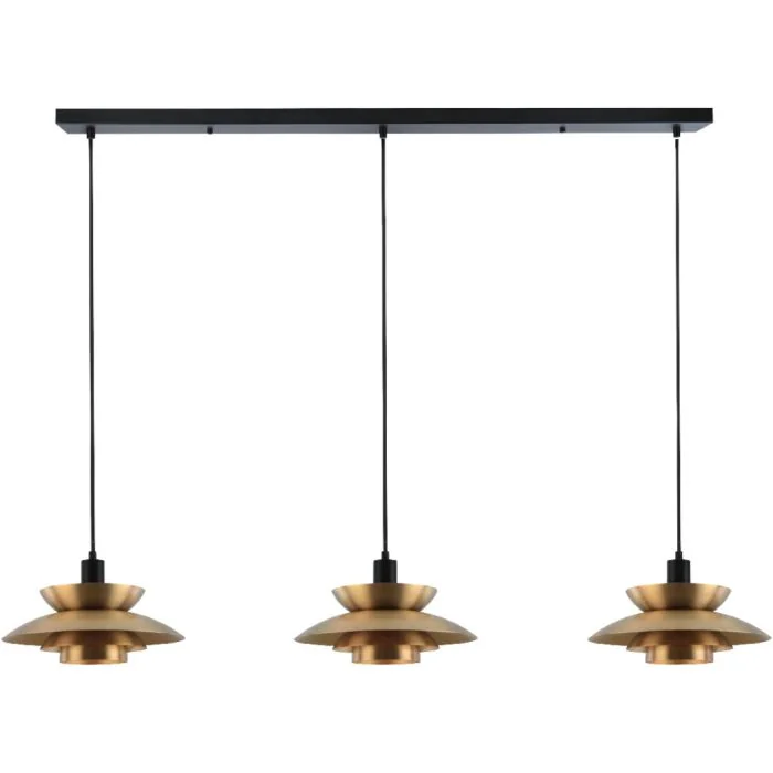 Freelight Muschio H3803BG zwarte langwerpige hanglamp met drie goudkleurige gelaagde kappen
