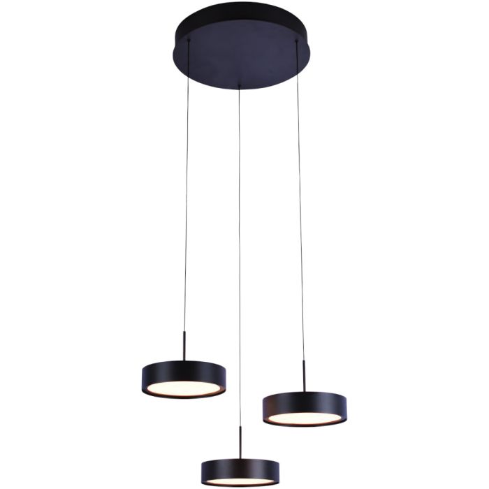 Freelight Alieno PL3433Z zwarte hanglamp met drie schijfvormige pendels en een ronde plafondplaat